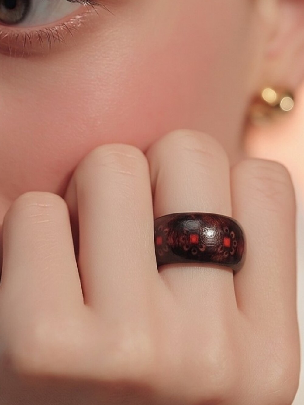 Black Floral Wooden Ring Chunky Boho Wide Band Artisan Statement Nature Jewelry